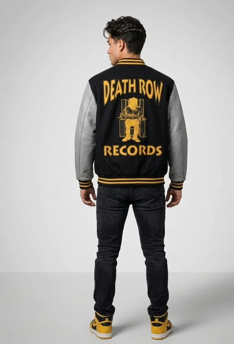 Death Row Records '91 Embroidered Bomber Varsity Jacket – Hand-Digitized Custom Streetwear - Image 3