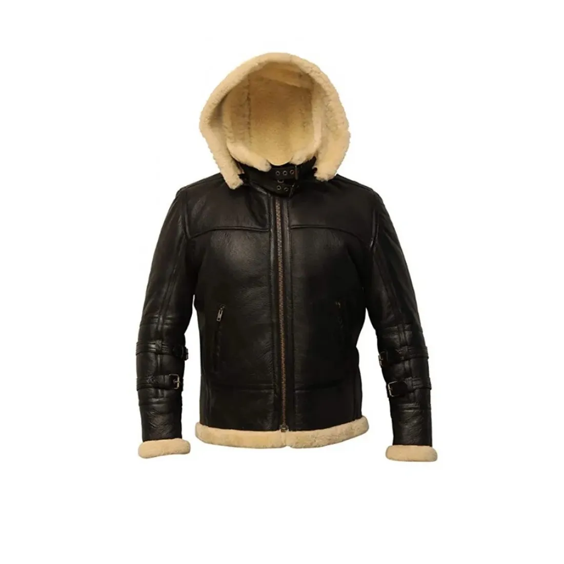 B3 Shearling Removable Hood Black Jacket - Image 3